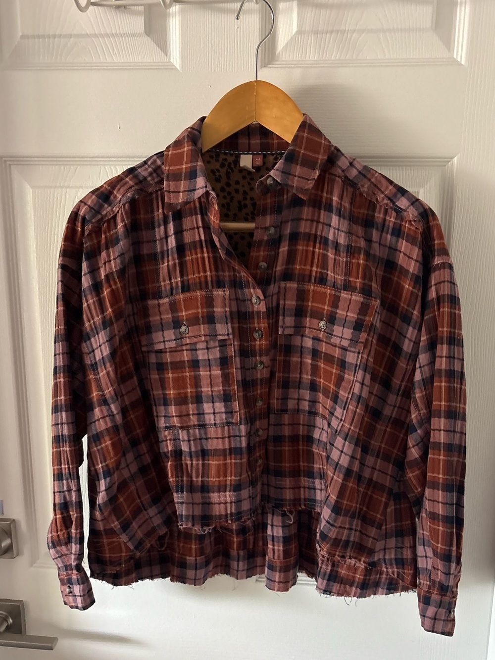 Anthropologie Pilcro Cropped Plaid Flannel Shirt Raw Hem Leopard Trim Size XXS - Picture 3 of 6